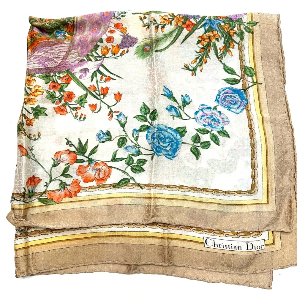 Christian Dior Floral Peacock Silk Scarf in Cream, Gold, Blue & Orange
